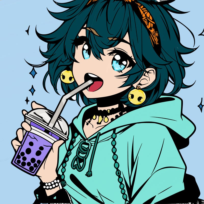 hot baddie anime girl drinking boba and biting the straw