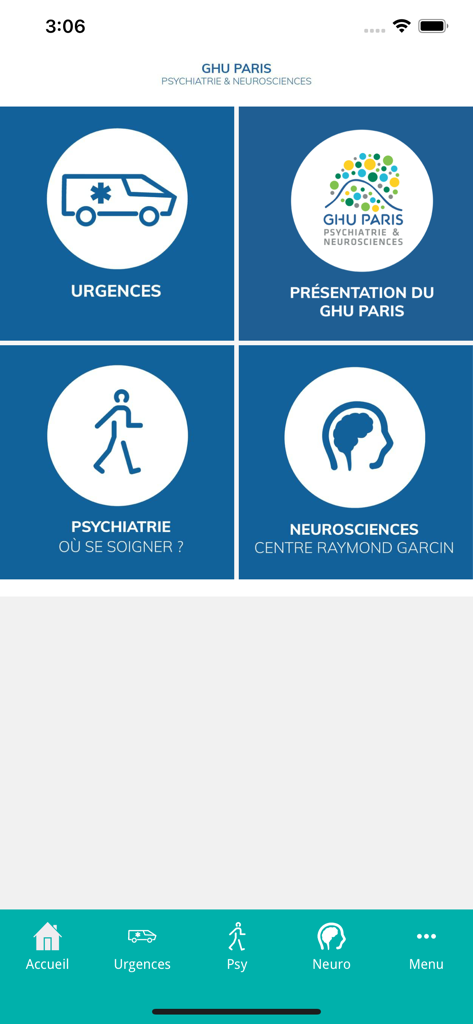GHU Paris - Home screen of the GHU Paris medical app showing options for emergencies psychiatry and neurosciences