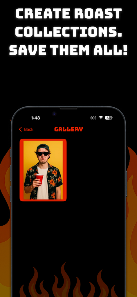 Roast Bot: Savage Comebacks - Interface of the Roast Bot app showing the gallery feature to save roast collections.