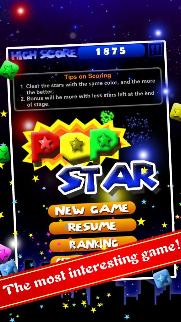 Main menu of PopStar Lite puzzle game showing colorful stars and game options against a starry space background