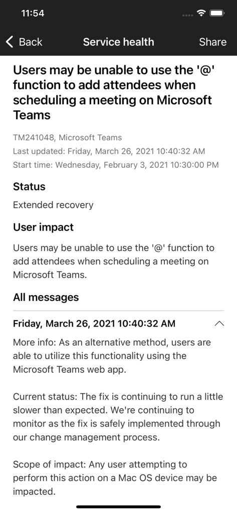 Microsoft 365 Admin - The service health screen in the Microsoft 365 Admin app showing a status report for a Microsoft Teams scheduling issue