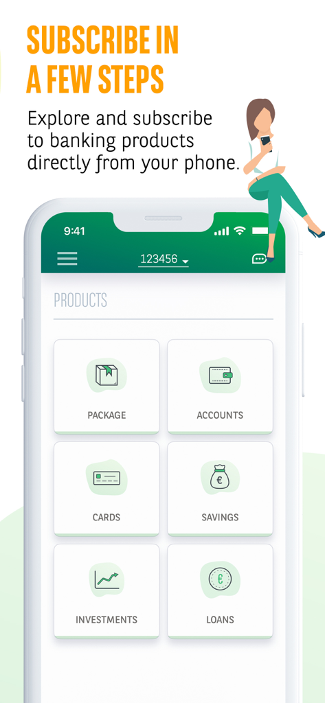 Oberfläche der Web Banking-App, die Optionen zur Abonnierung verschiedener Bankprodukte wie Konten, Karten und Kredite anzeigt
