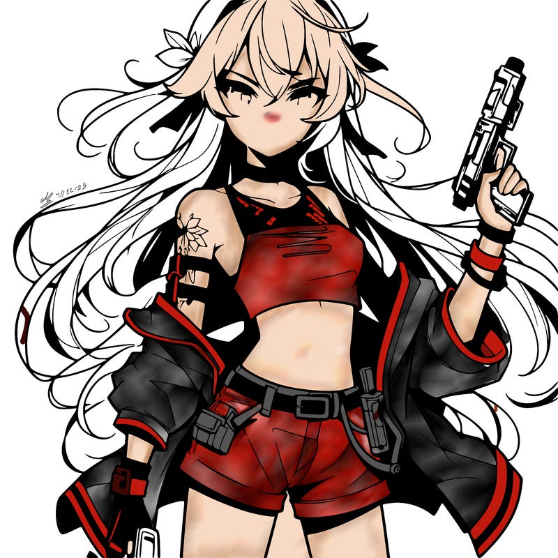 bad girl wearing crop top holding a gun long hair anime