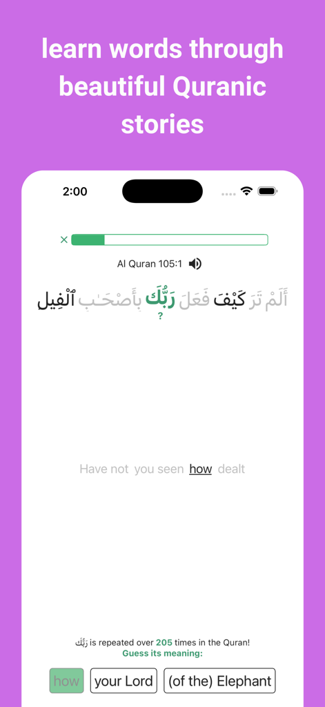 Qurania: Learn Quran with AI - An interactive quiz on the Qurania app teaching Arabic word meanings through Quranic stories.