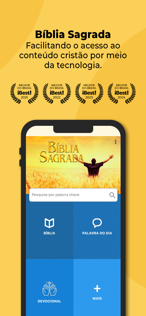 Biblia Sagrada Mobidic mobile app interface showing iBest awards and main menu options