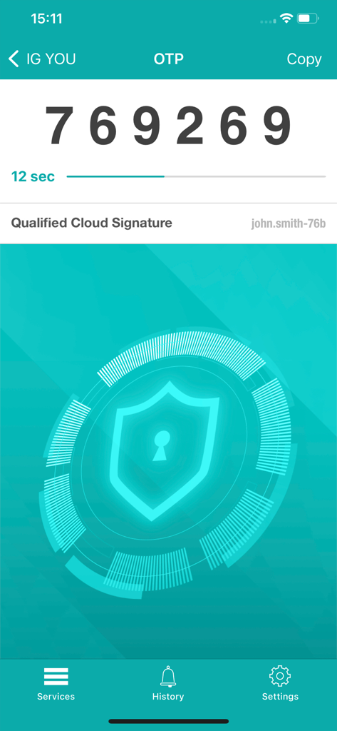 IG YOU - Interfaccia dell'app IG YOU che mostra un codice di sicurezza di sei cifre e un'icona a forma di scudo.