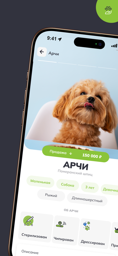 A mobile app screen showing a detailed profile for a Pomeranian dog including price and health characteristics