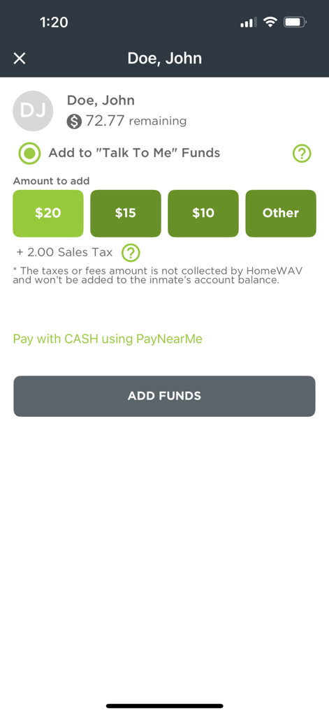Interface of the HomeWAV app showing options to add funds to an inmates account for video and phone calls