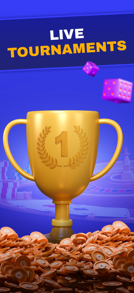 Un trofeo dorado de primer lugar para torneos en vivo en RealPrize Casino con una pila de monedas y dados flotantes.