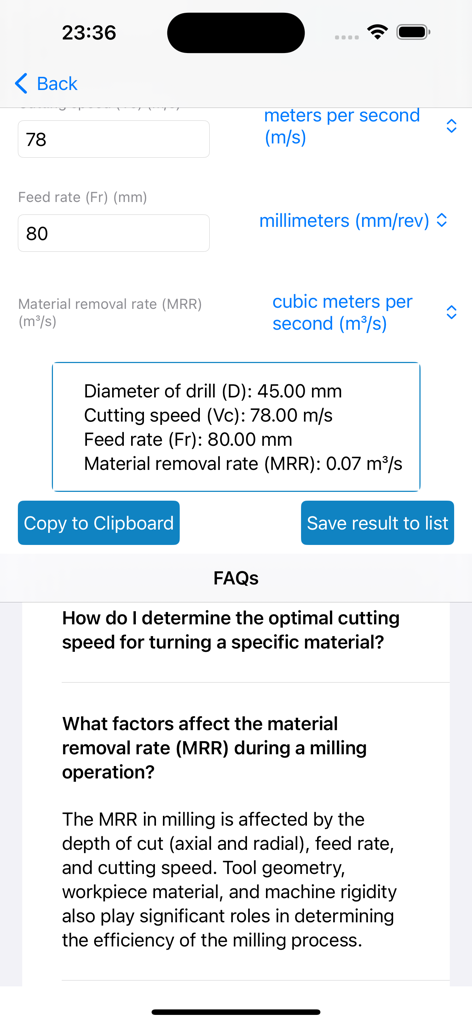 Material Removal Rate - Screenshot of the Material Removal Rate app showing drilling calculation results and a machinist FAQ section.