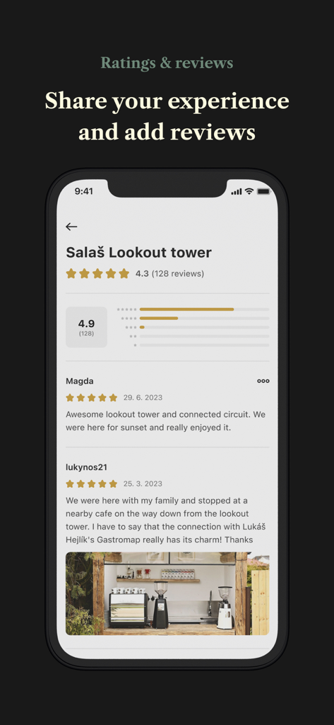 Placehunter App-Benutzeroberfläche mit Nutzerbewertungen und Rezensionen für ein Reiseziel