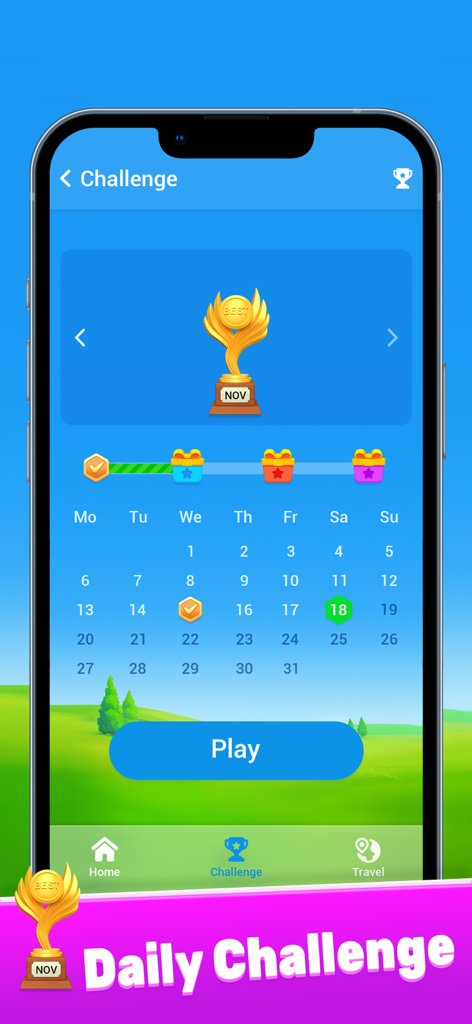 Sudoku: Train Brain Puzzles - Pantalla de la aplicación de Sudoku que muestra un calendario de desafíos mensuales y recompensas de trofeos