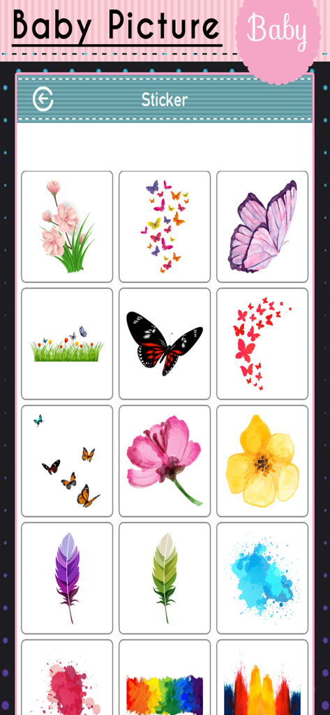 Baby Picture - Precious Moment - Una selección de pegatinas para fotos de bebés que incluyen flores, mariposas, plumas y salpicaduras de pintura
