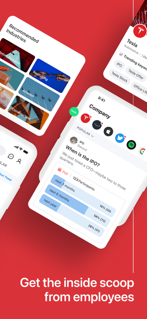 Blind - Professional Community - Screenshots of the Blind app showing company polls and industry categories for anonymous professional discussions