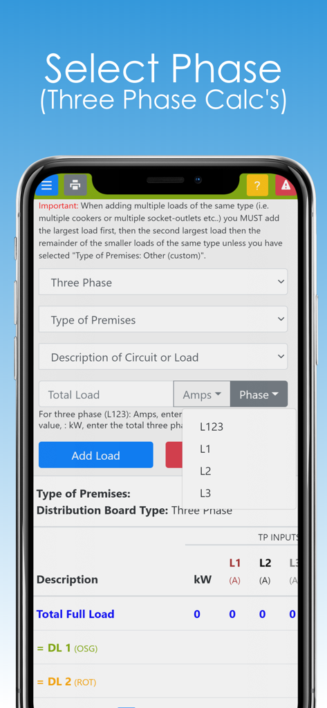 Interface of the Diversity Calculator app showing the phase selection menu for three phase electrical load calculations