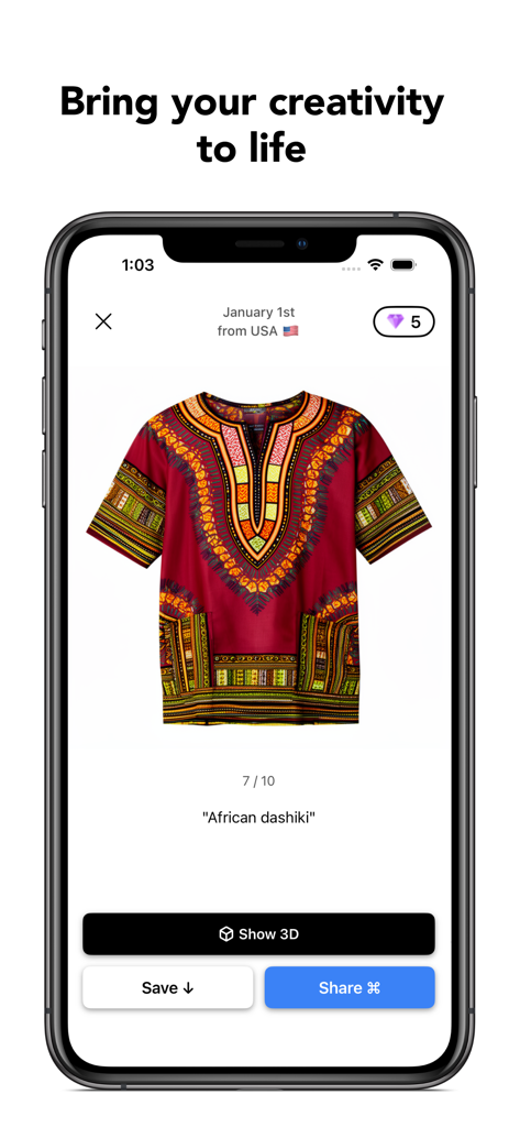 AI Outfit Generator Stylix - An AI generated African dashiki design displayed in the Stylix outfit generator mobile app interface