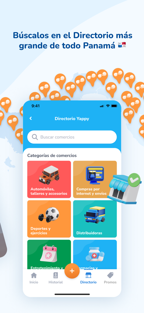 Yappy - Pantalla de la aplicación Yappy mostrando el directorio de negocios con varias categorías como automóviles, deportes y compras en línea en Panamá.
