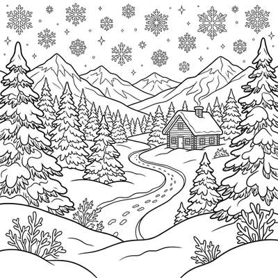 Immerse yourself in the tranquility of a powder snow winter wonderland with this enchanting coloring page. Featuring a cozy cabin nestled among snow-laden pines, it promises a delightful artistic escape.