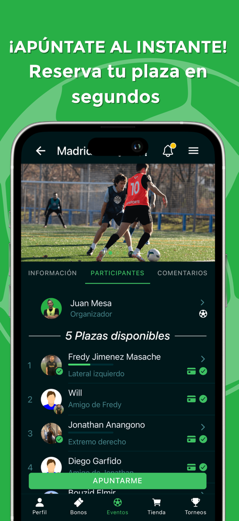 Écran de l'application IF7SPORTS affichant une liste de participants à un match de soccer et un bouton de réservation instantanée