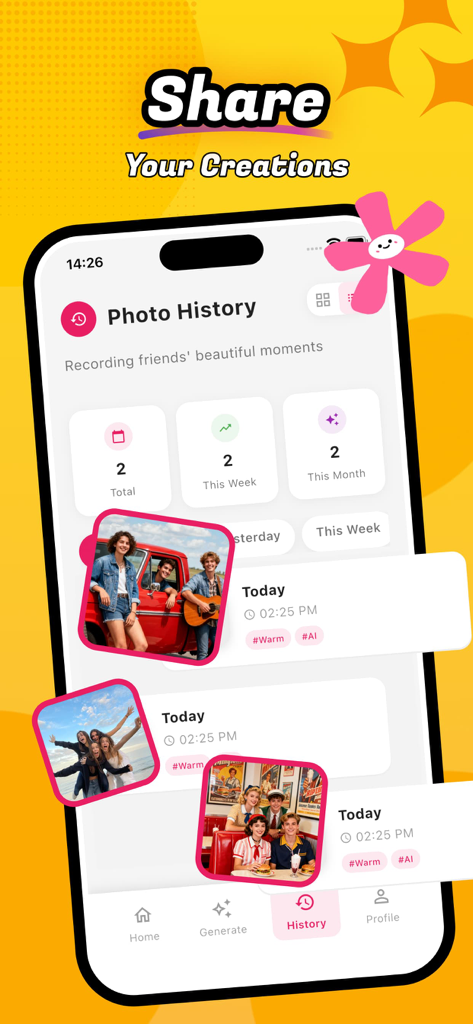Wiloo app interface showing a photo history of recorded memories with friends including AI-generated diary entries and statistics