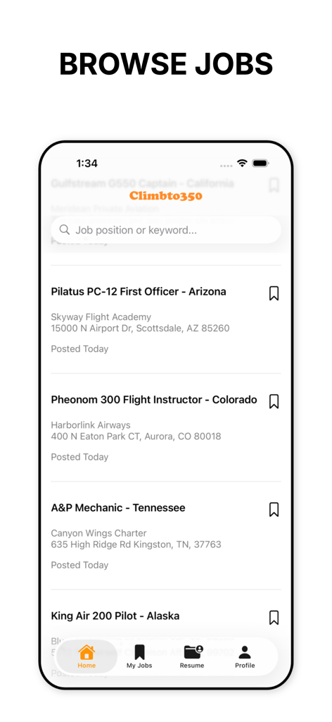 climbto350: aviation job board - Screenshot of the Climbto350 app showing a list of aviation jobs including pilot and mechanic positions with a search bar and navigation menu