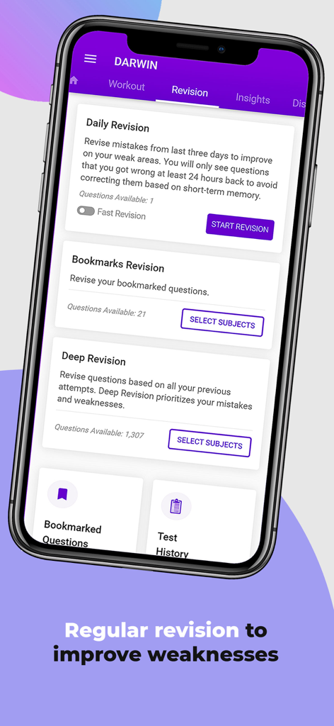 NEET Prep App by Darwin - ダーウィンNEET対策アプリの復習画面。学習の弱点を改善するための、毎日、ブックマーク、ディープ復習のオプションが表示されています。