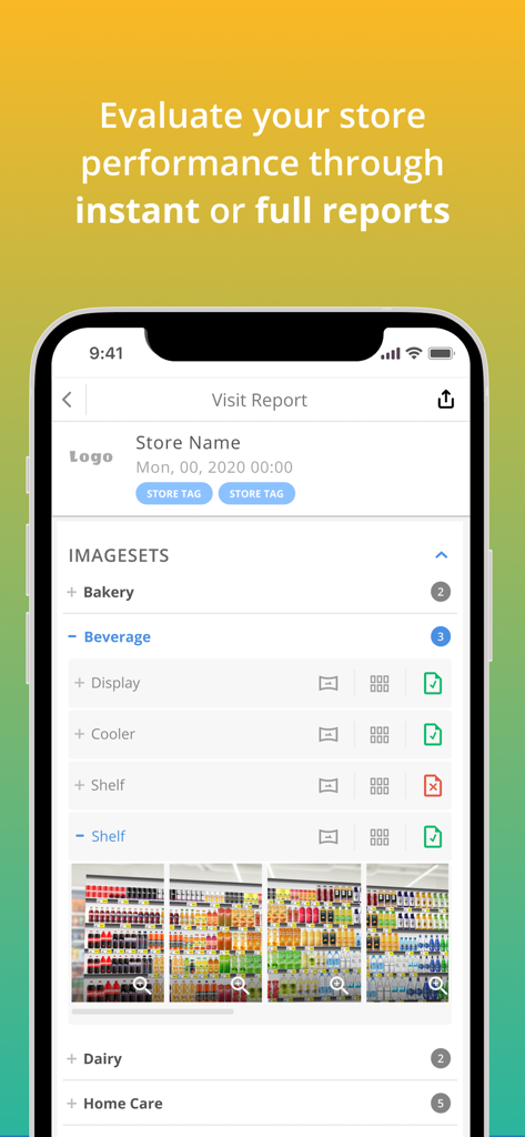Vispera Shark mobile app showing a retail store visit report with shelf images and AI analysis status