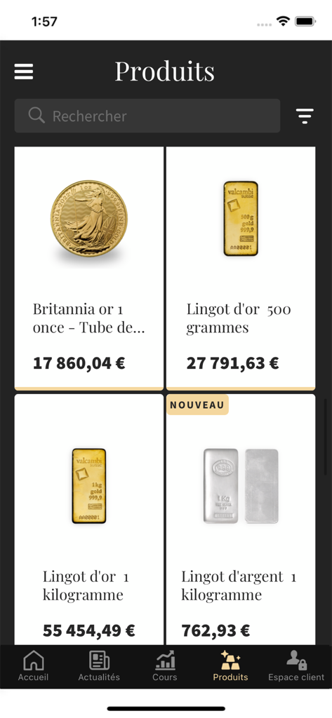 Una lista de monedas y lingotes de oro y plata con precios en tiempo real en la aplicación móvil GoldBroker