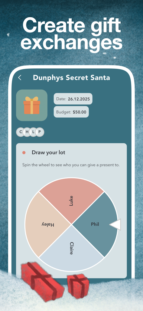 Wishlists - online wishlist - A Secret Santa gift exchange setup in the Wishlists app with a budget and a name drawing wheel
