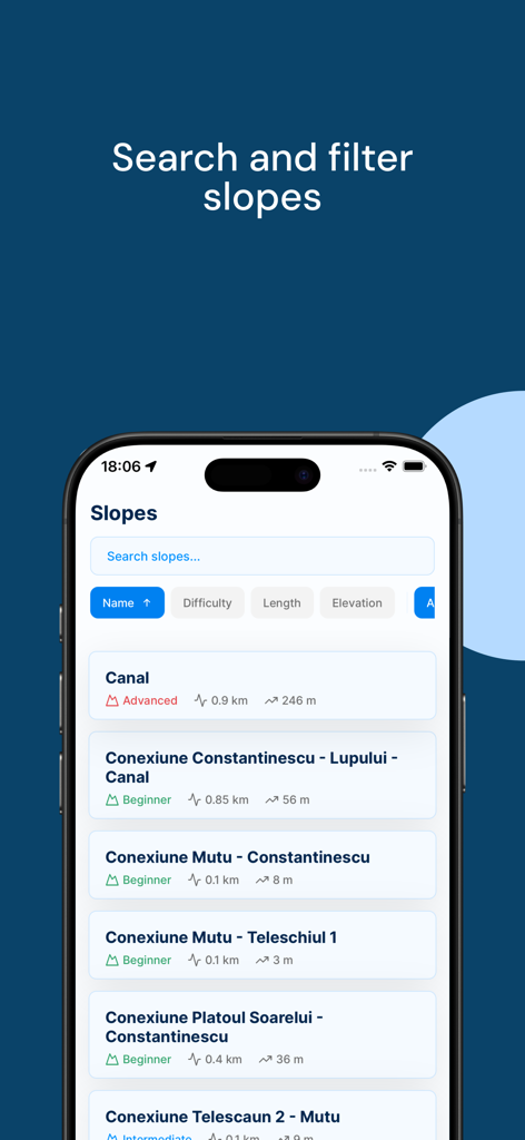 Skiro - Un écran d'application mobile montrant une liste de pistes de ski avec des options de recherche et de filtrage pour la difficulté et la longueur.