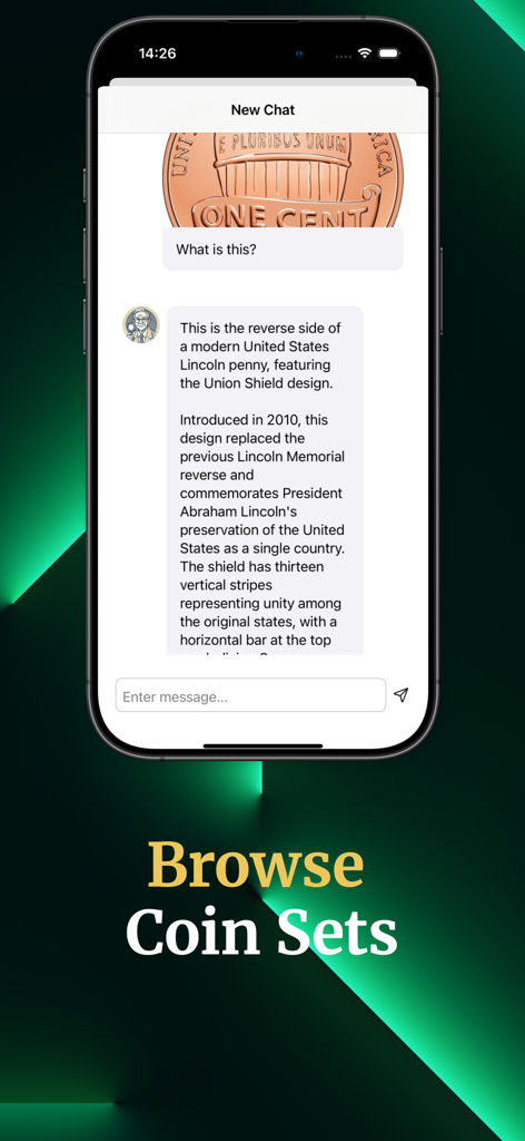 Coin Scanner - Coinx - Asistente de IA identificando un centavo de EE. UU. y proporcionando detalles históricos en una interfaz de chat