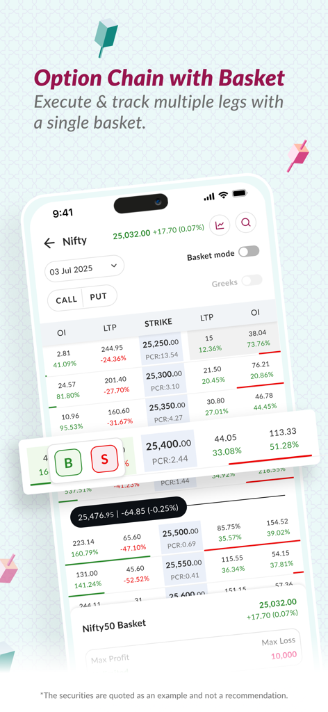 Axis Direct Trader - Option chain interface in Axis Direct Trader app showing strike prices and basket trading for Nifty 50.