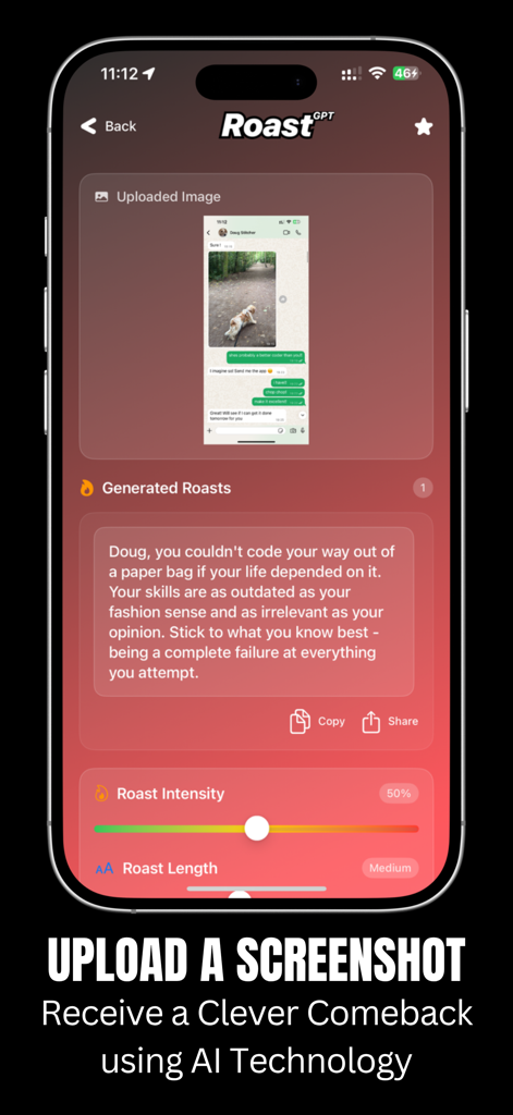 RoastGPT - AI Roast Generator - RoastGPT app interface showing a generated AI roast from an uploaded chat screenshot.