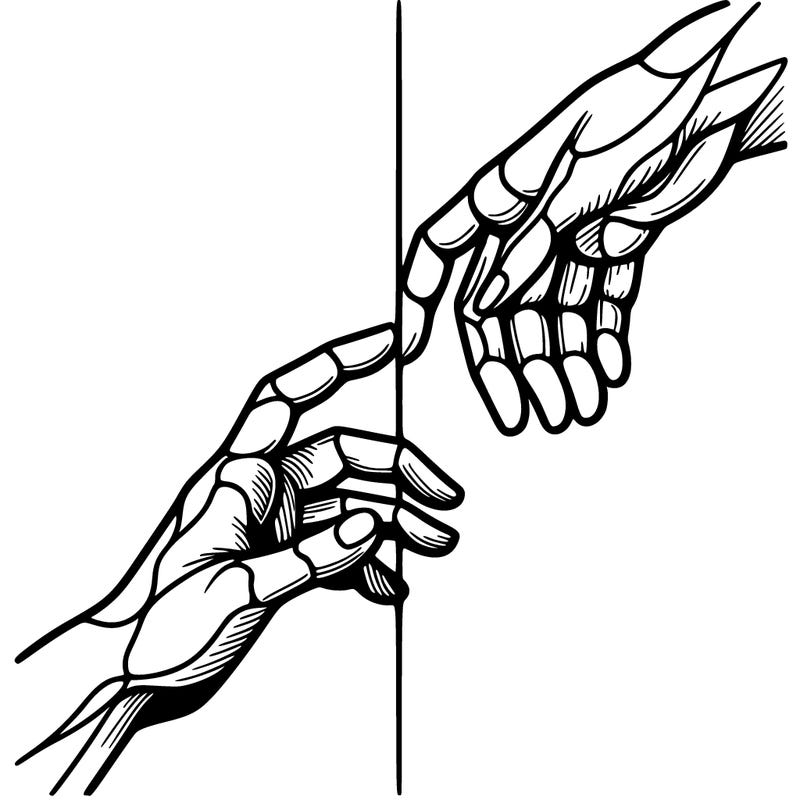 split drawing hand touching hand