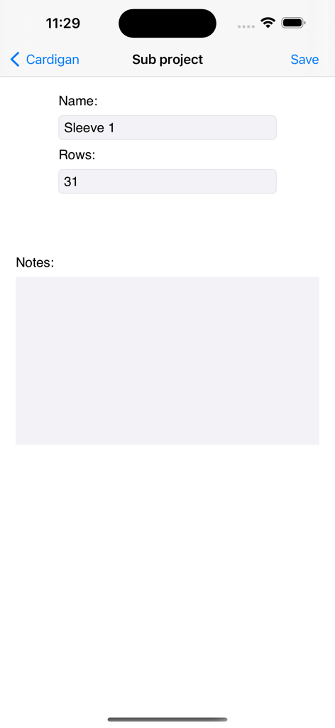 RowCounter - Oberfläche zur Erstellung von Teilprojekten in der RowCounter-App mit Feldern für Name, Reihenzahl und Notizen.
