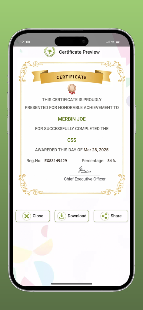 HTML Code Play - A mobile app screen showing a certificate of completion for a CSS course in HTML Code Play.
