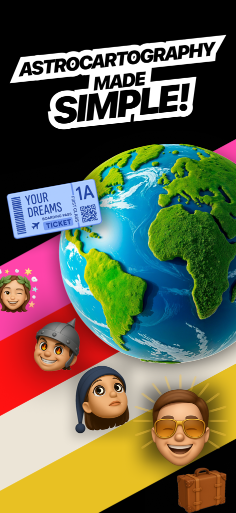 Astrocartography - Pathfinder - Pantalla de Astrocartografía simplificada que muestra un globo 3D y un billete de embarque para tus sueños