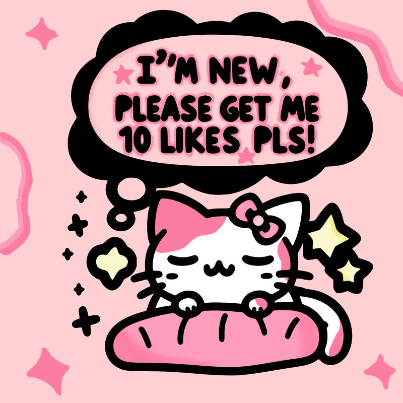 kitty taking a nap dream talking and saying "i'm new, please get me at least 10 likes pls!!"