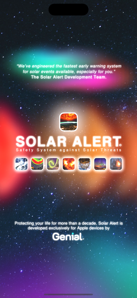 Solar Alert: Protect your Life - Solar Alert app splash screen with logo and icons representing solar threats and space weather