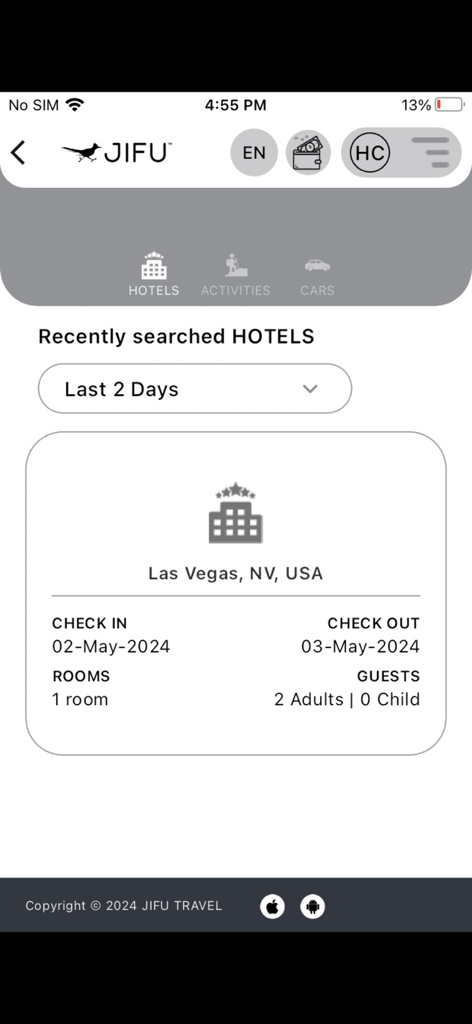 Interface of the JIFU Member app showing a recently searched hotel in Las Vegas.