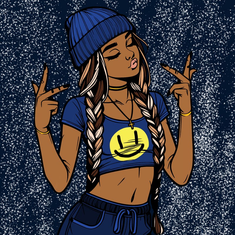 realistic teenage girl with braids and a beanie and crop top doing 🫶🏼
