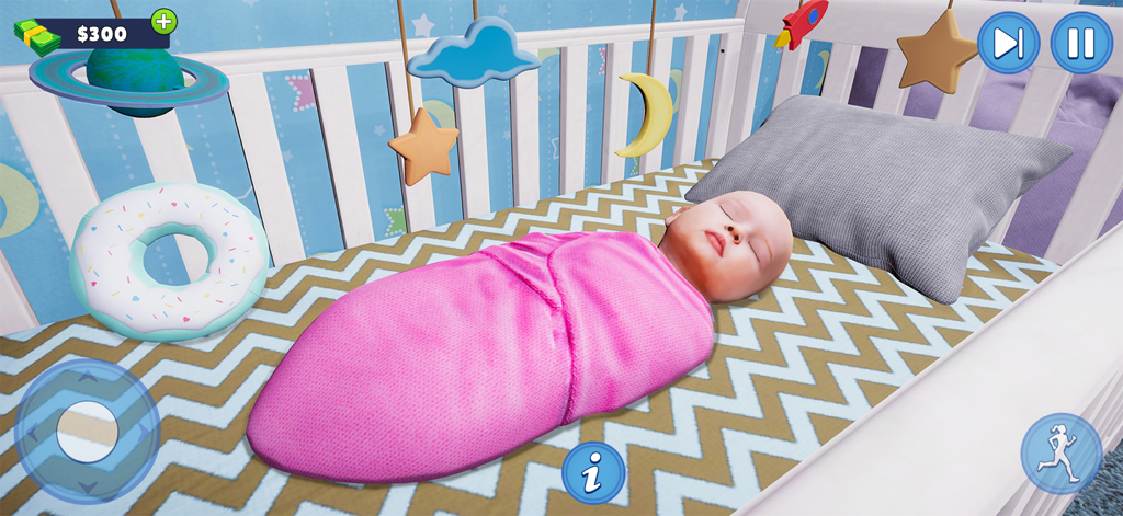 A newborn baby wrapped in a pink swaddle sleeping in a white crib with hanging toys