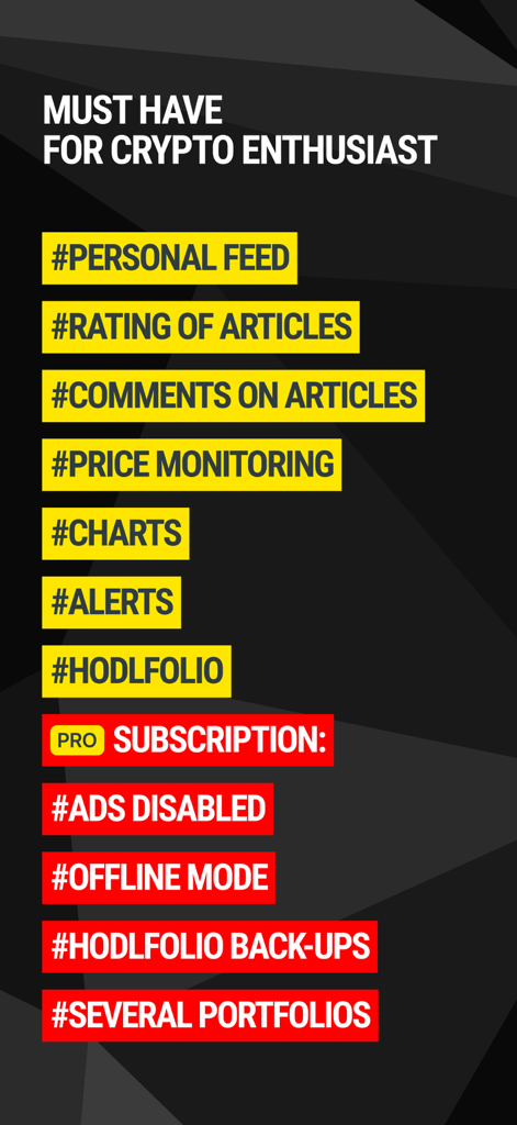 List of features for the Crypto News app including personal feed price monitoring alerts and PRO subscription benefits