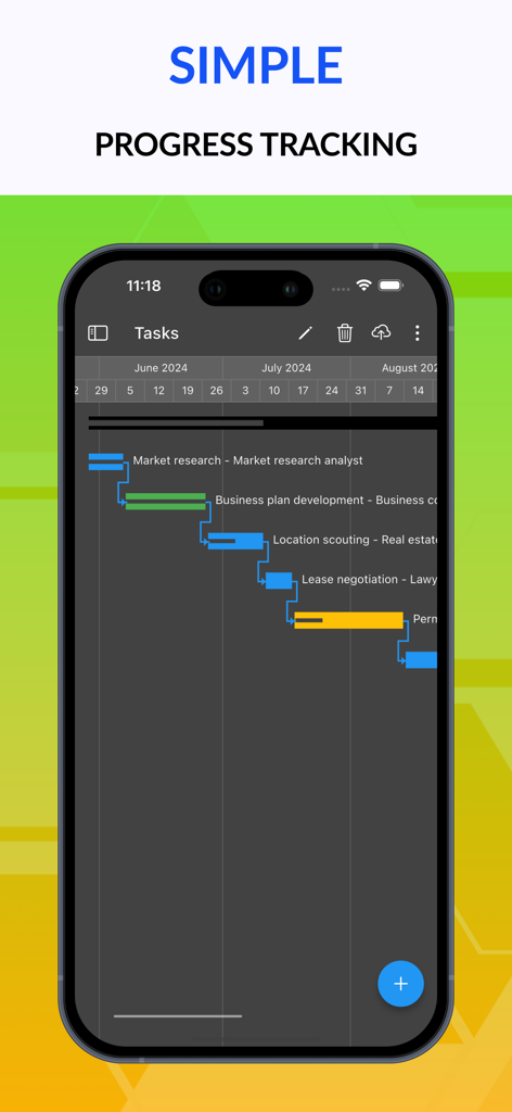 Gantt chart AI planner Ingantt - Interface de l'application mobile Ingantt affichant un diagramme de Gantt de projet pour le suivi de la progression