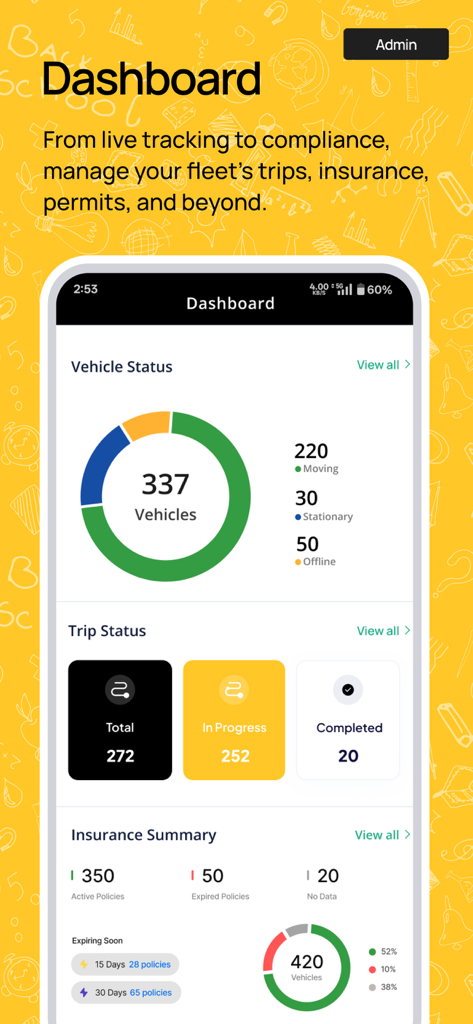 NeoTrack - School Bus Tracking - NeoTrack app admin dashboard displaying school bus fleet status and trip progress.