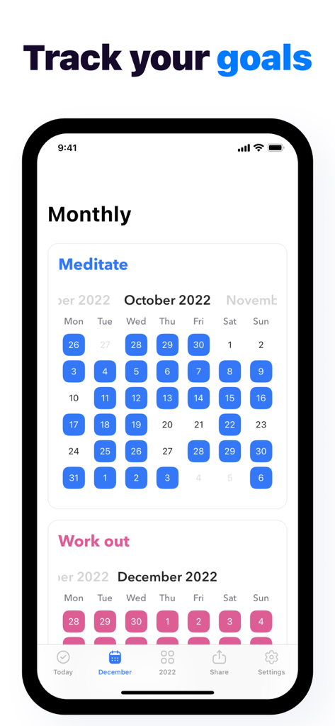 Habit Tracker - Evoday - Vista mensual de seguimiento de hábitos en la aplicación Evoday que muestra cuadrículas de progreso de meditación y ejercicio