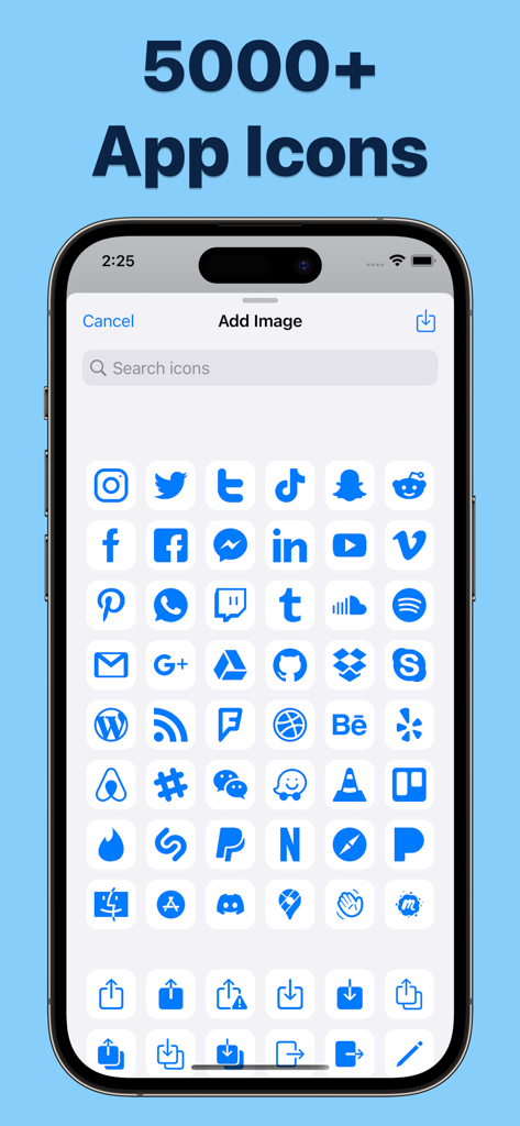 Custom App Icon Maker: IconKit - Grid of custom blue app icons including social media and utility logos in the IconKit app
