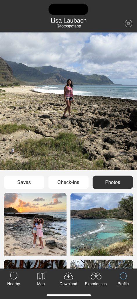 Oahu Offline Island Guide - User profile interface of the Oahu Offline Island Guide app featuring personal travel photos and island exploration icons
