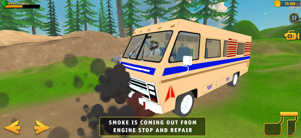 An RV engine emitting smoke during a road trip simulation game.
