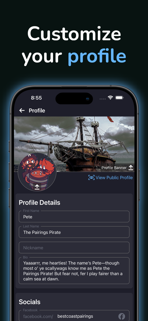 Best Coast Pairings - Best Coast Pairings mobile app profile customization page showing user details and bio.